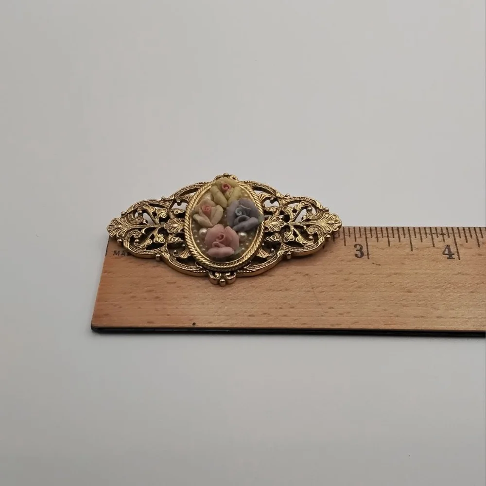 Victorian Porcelain Floral Brooch and Pin Set | Hand Painted Rose Cameo Set |